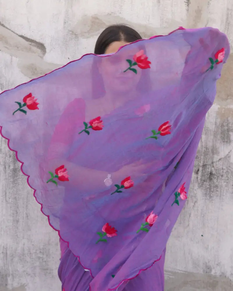 Purple Mulmul cotton Shopaame saree with delicate lotus detailing, a breathable saree for minimal summer wear.