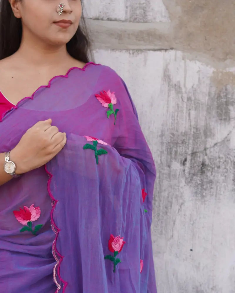Lightweight purple mulmul cotton saree by Shopaame with lotus embroidery, designed for soft comfort and summer elegance.
