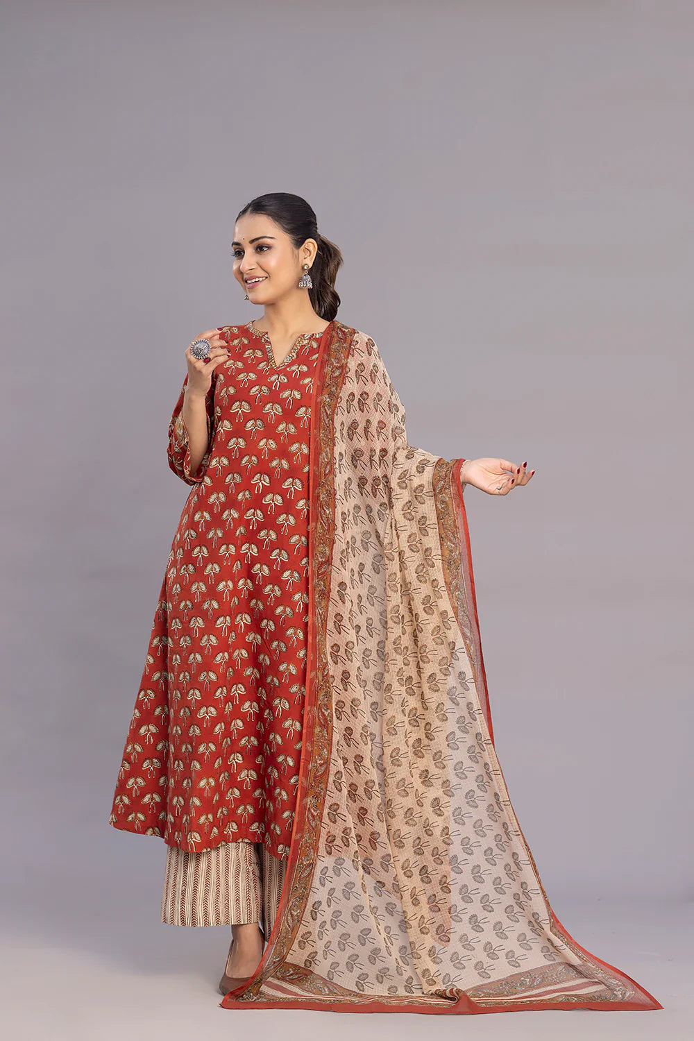 dupatta-for-office-wearMaroon Block Print Kurta Set with Dupatta for Office Wear