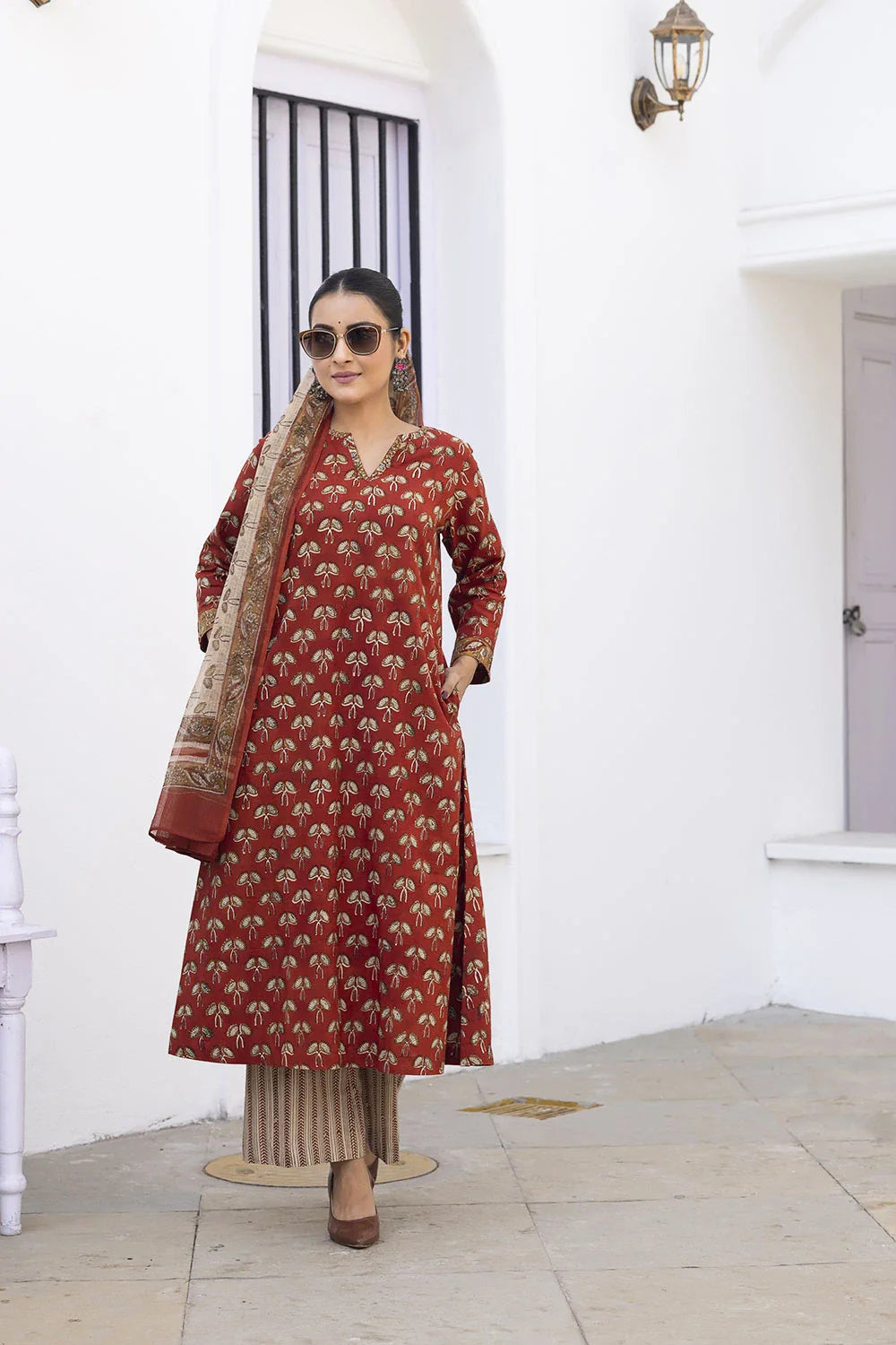 Maroon Hand Block Print Kurta Set with Dupatta