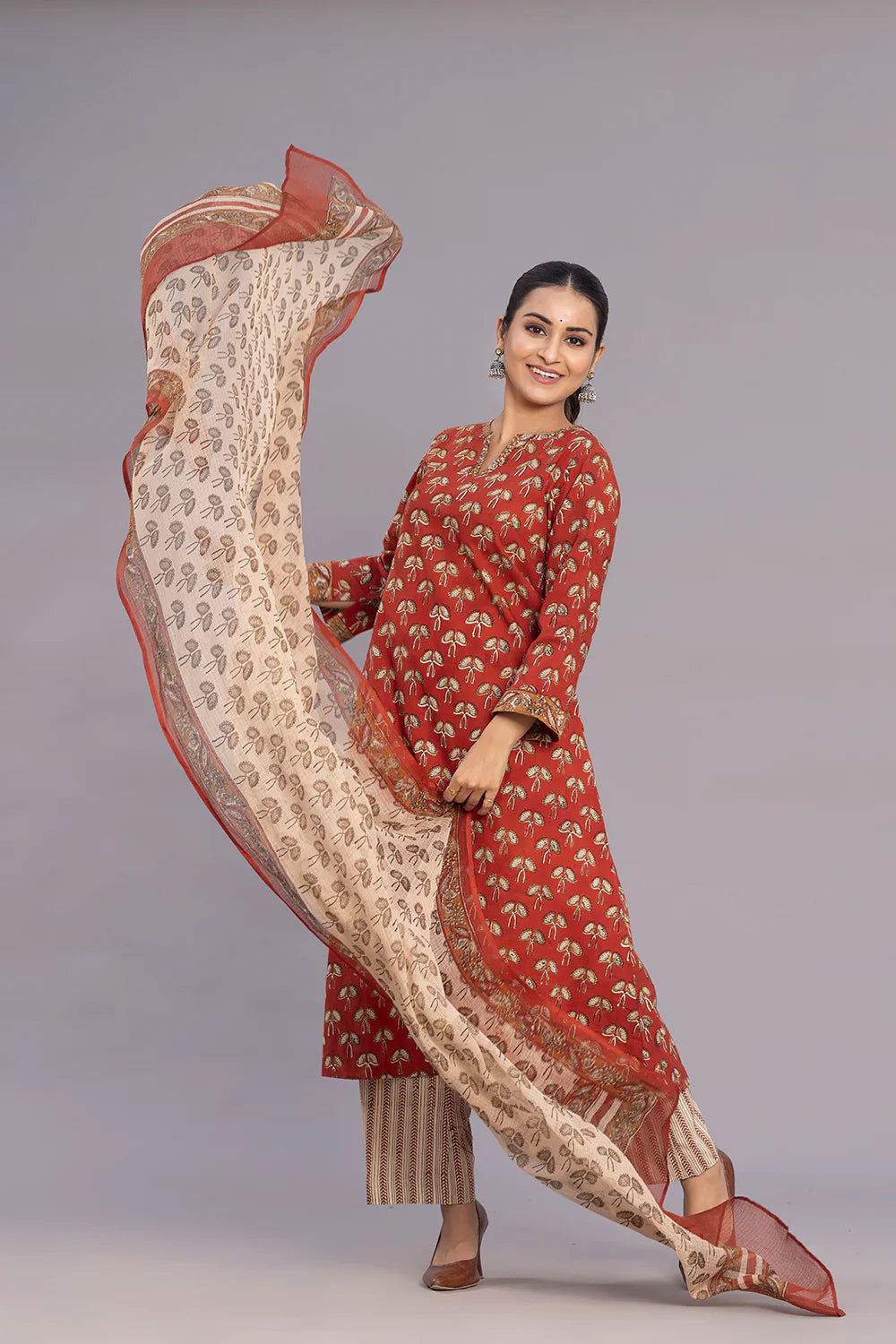 Maroon Hand Block Print Straight Fit Kurta Set with Dupatta