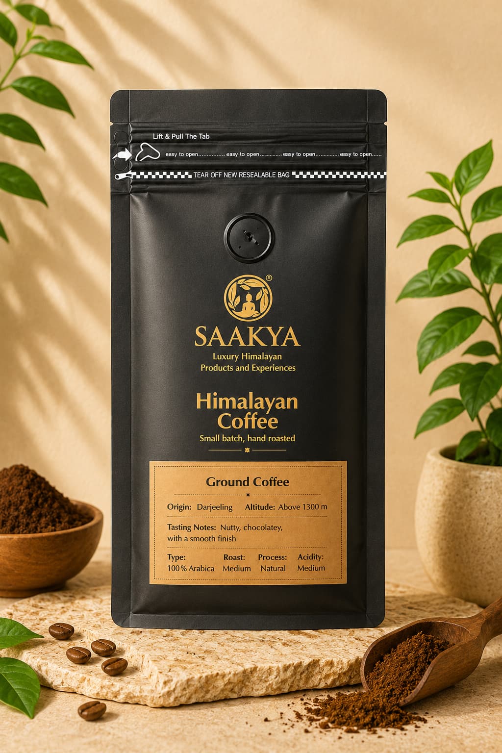 Saakya Himalayan Medium Roast Coffee made from 100% Arabica beans grown in the high-altitude estates of Darjeeling.