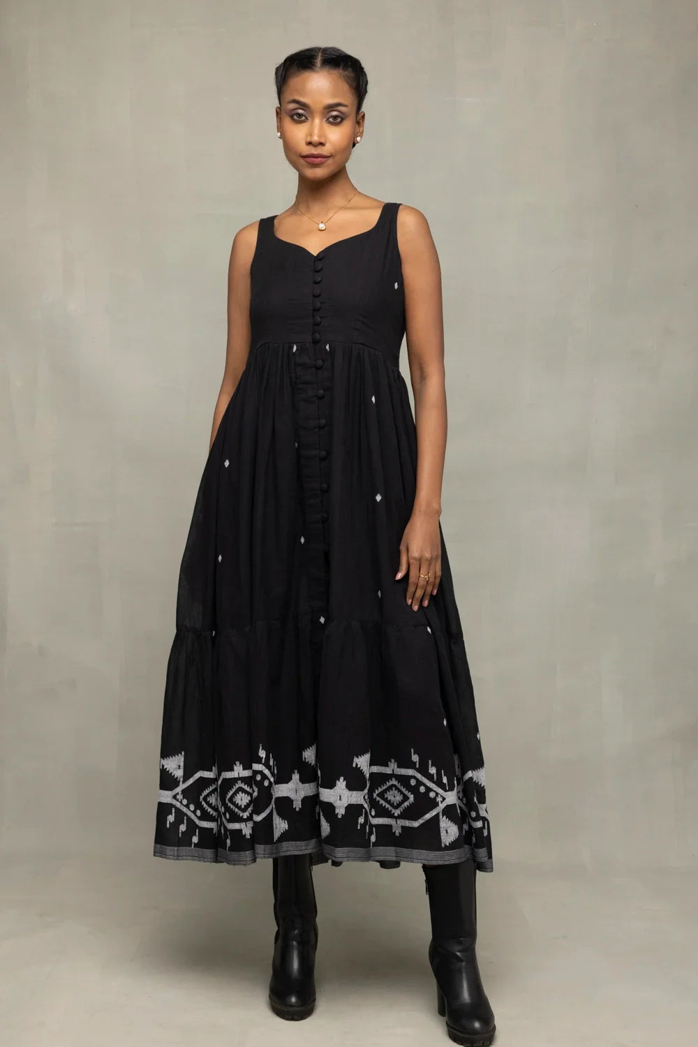 Midnight Black Handwoven Jamdani Tiered Midi Dress-Sutra Art of Clothing