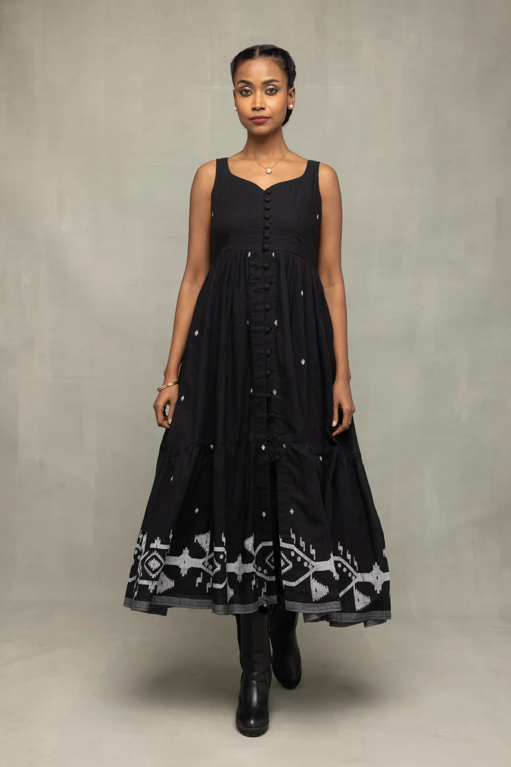Midnight Black Jamdani Tiered Midi Dress for Summer and Resort Wear