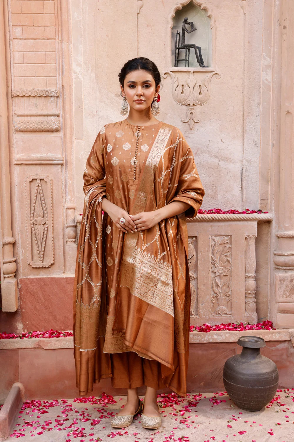 Mocha Brown Pure Silk Banarasi Kurta Set with Dupatta