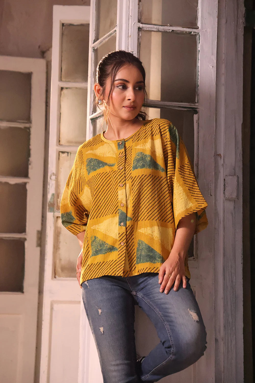 Mustard Yellow Cotton Ajrakh Shirt-Sutra Art of Clothing
