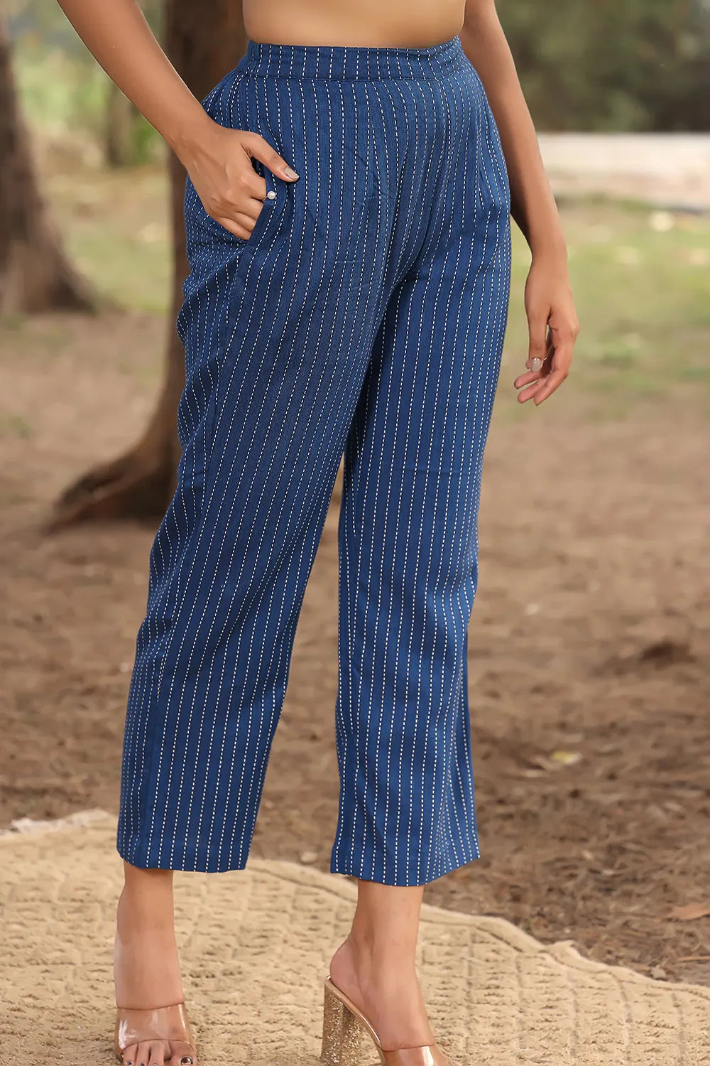 Navy Blue Pure Cotton Kurta with Stripes Pant Set for Ethnic Wear