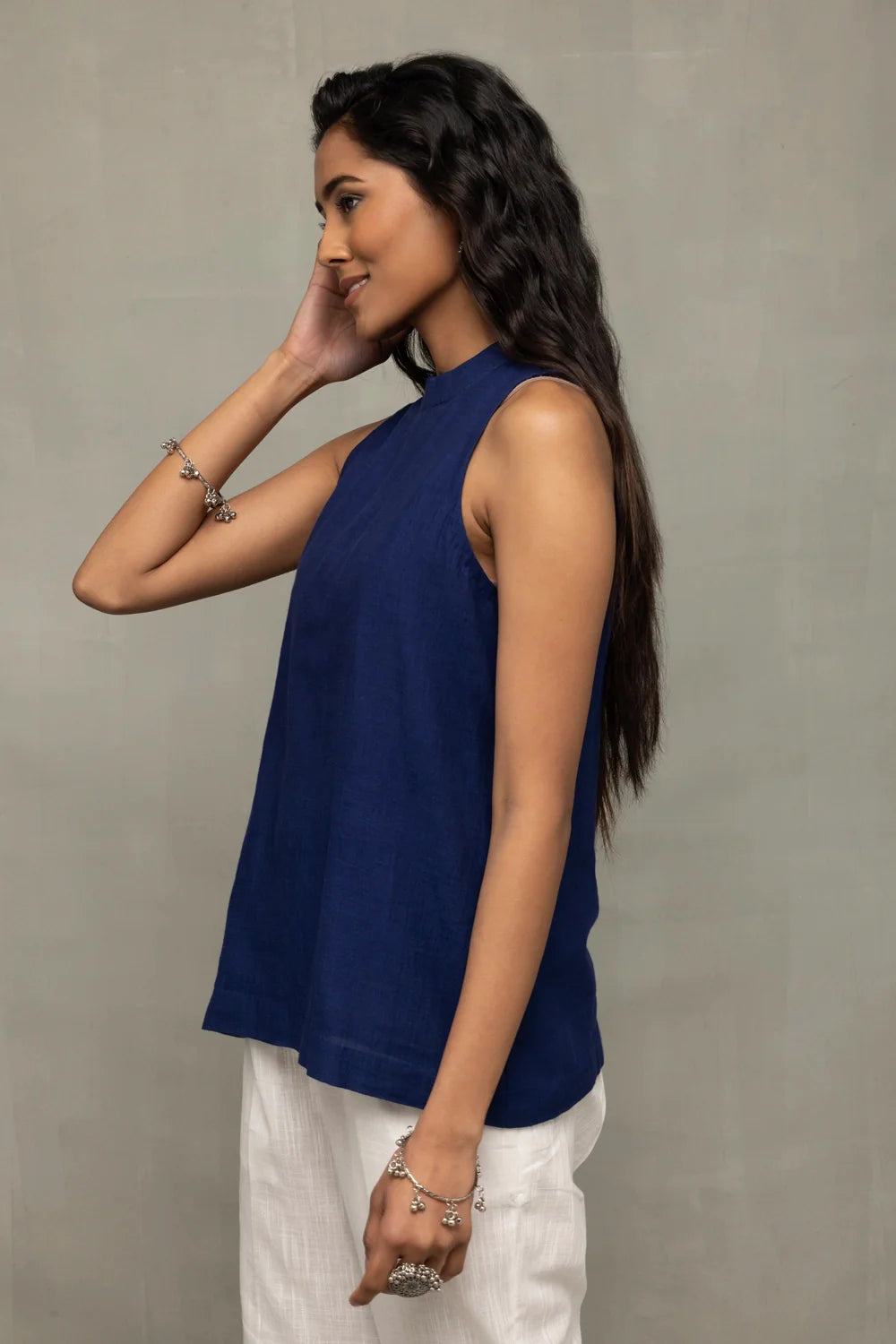 Navy Indigo Handwoven Halter Neck Top for Office Wear