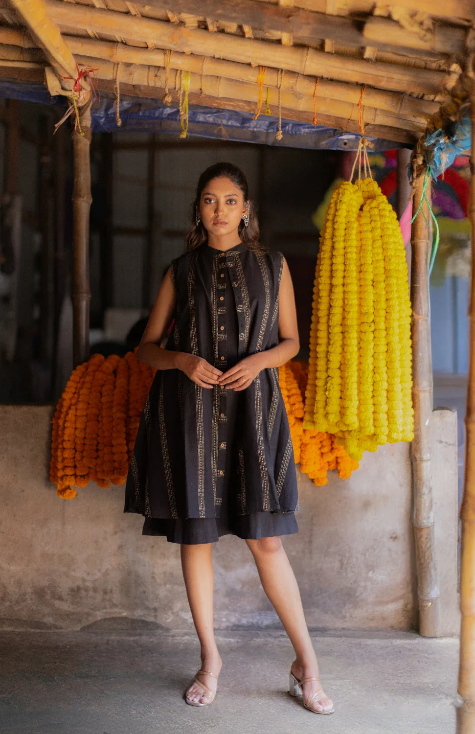 Noir Black South Cotton Dress with Shrug-Sutra Art of Clothing