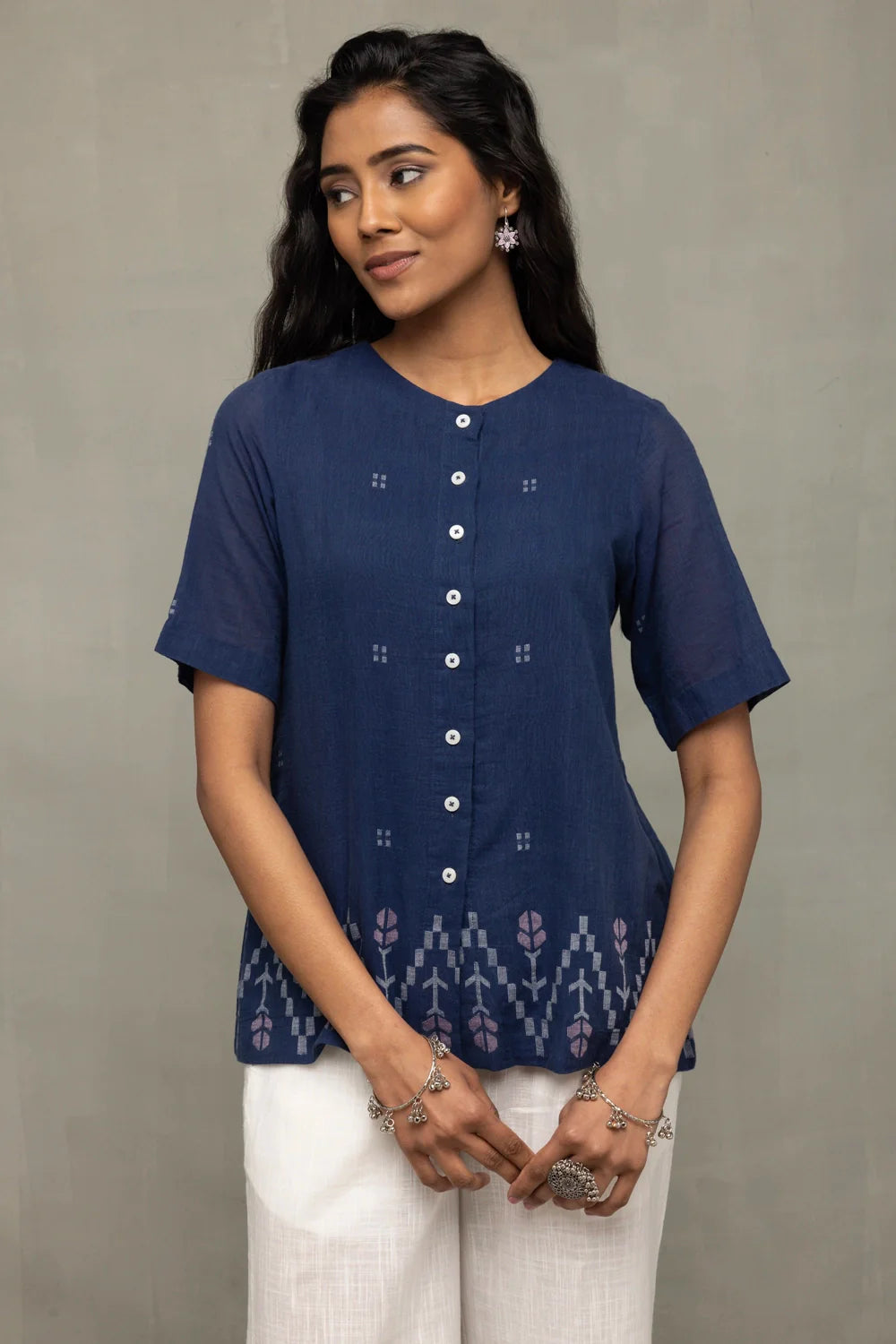 Ocean Blue Cotton Jamdani Top-Sutra Art of Clothing