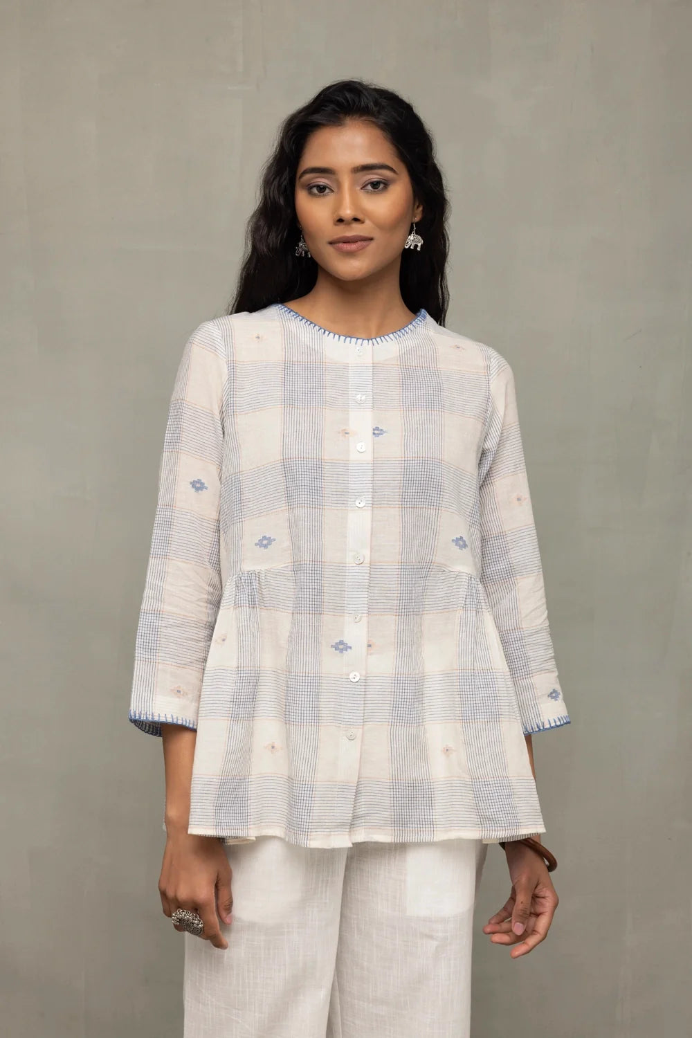 Off White Blue Check Jamdani Top with Zari Motifs