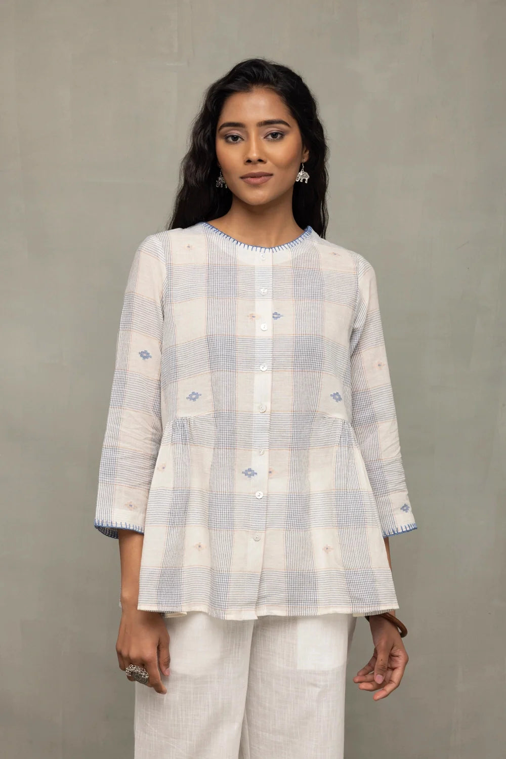 Off-White & Blue Check Jamdani Top with Zari Motifs-Sutra Art of Clothing