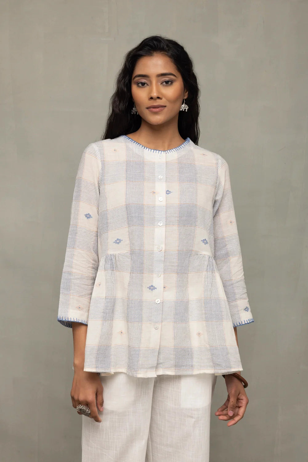 Off White Blue Check Jamdani Top with Zari Motifs