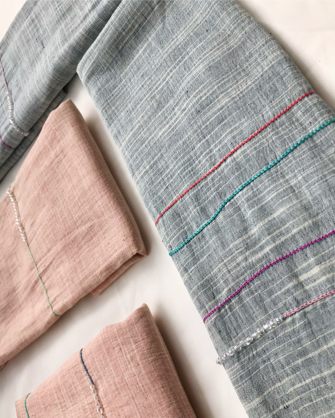 Close-up of embroidered linen scarf texture