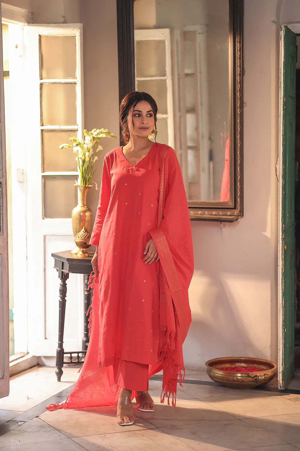 Orange Pure South Cotton Zari Kurta Set with Dupatta