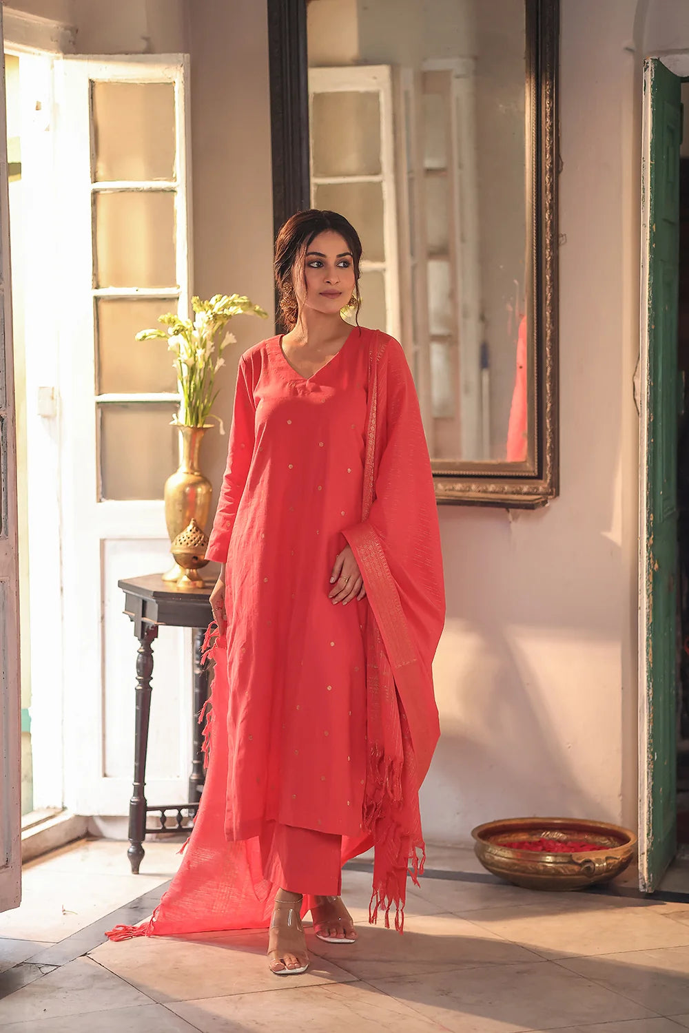 Orange Pure South Cotton Zari Kurta Set with Dupatta