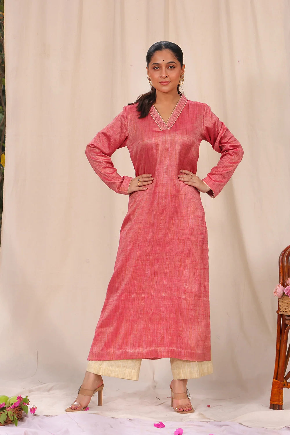 Pink and Cream Cotton Silk Co-ord Set-Sutra Art of Clothing