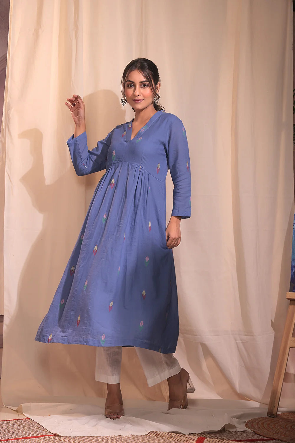 Powder Blue Handloom Jamdani Kurta Set for Festive Occasions