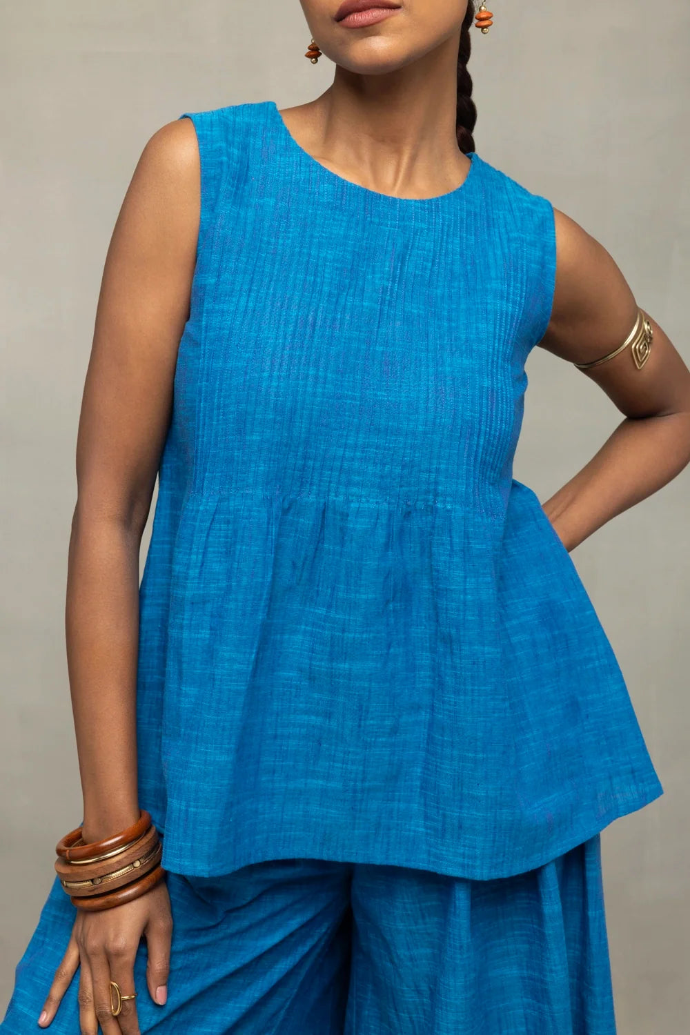 Azure Blue Textured Co-Ord Set with Sleeveless Top & Wide-Leg Pants