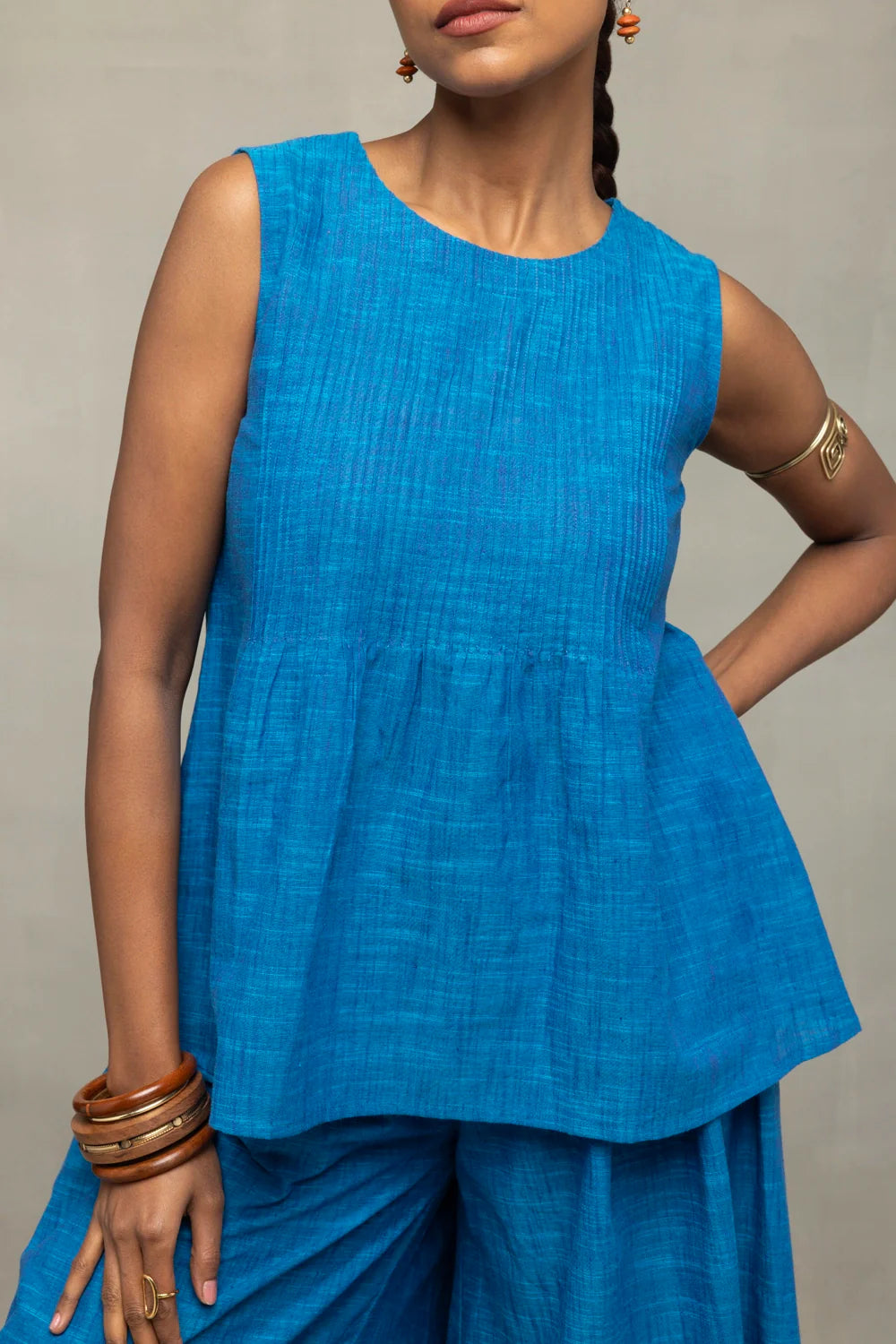 Premium Azure Blue Textured Co-ord Set with Wide Leg Pants for Office Wear