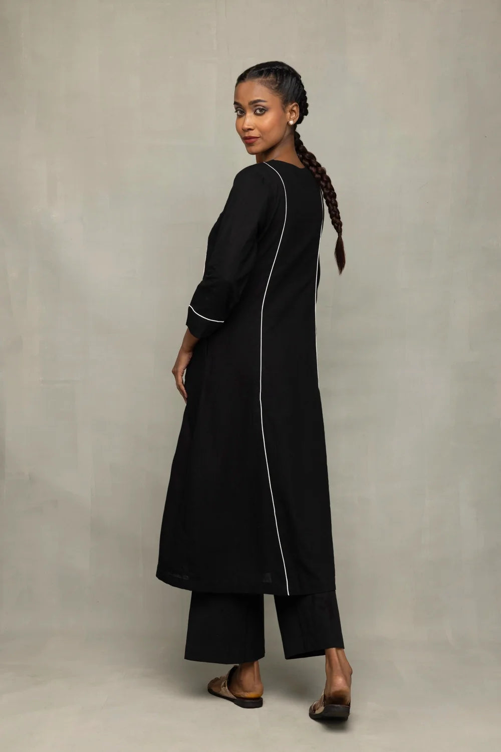 Premium Black Relaxed Kurta Set with White Piping and Jamdani Dupatta for Office Wear