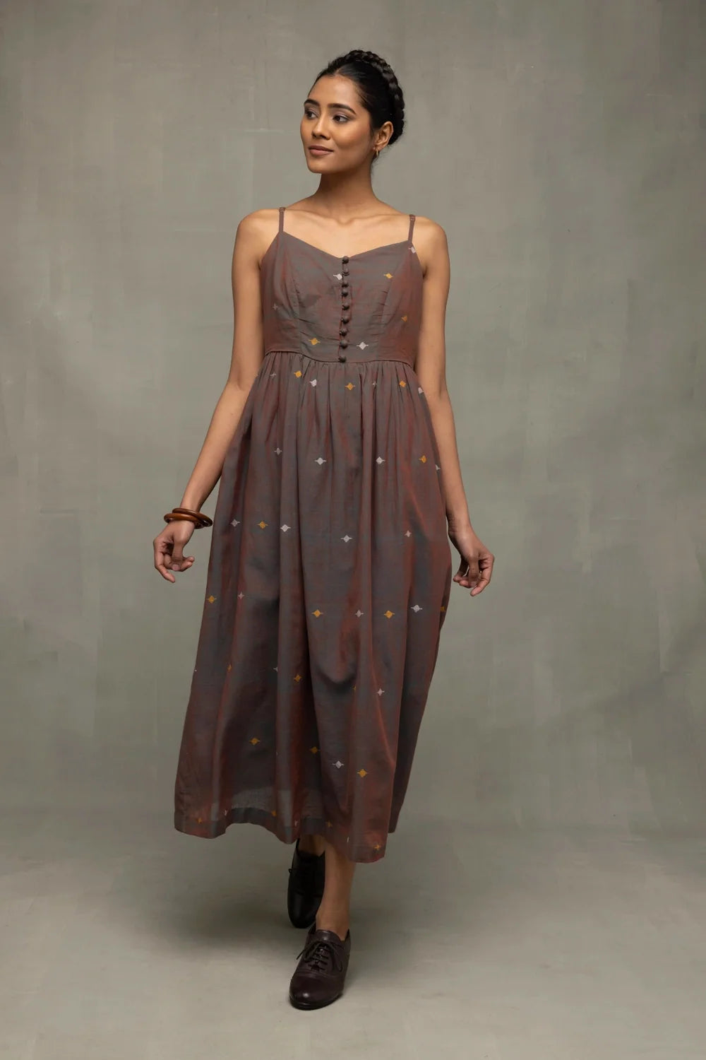 Brown Duo Tone Jamdani Hand-Woven Midi Dress-Sutra Art of Clothing