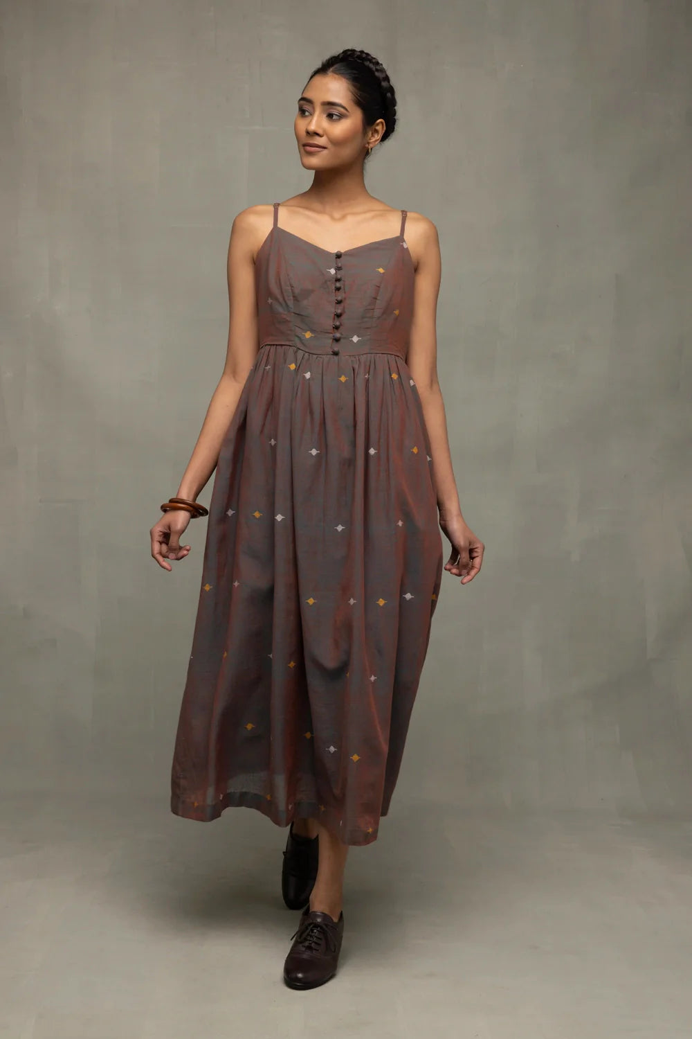 Premium Brown Duo Tone Jamdani Handwoven Midi Dress for Wedding Wear