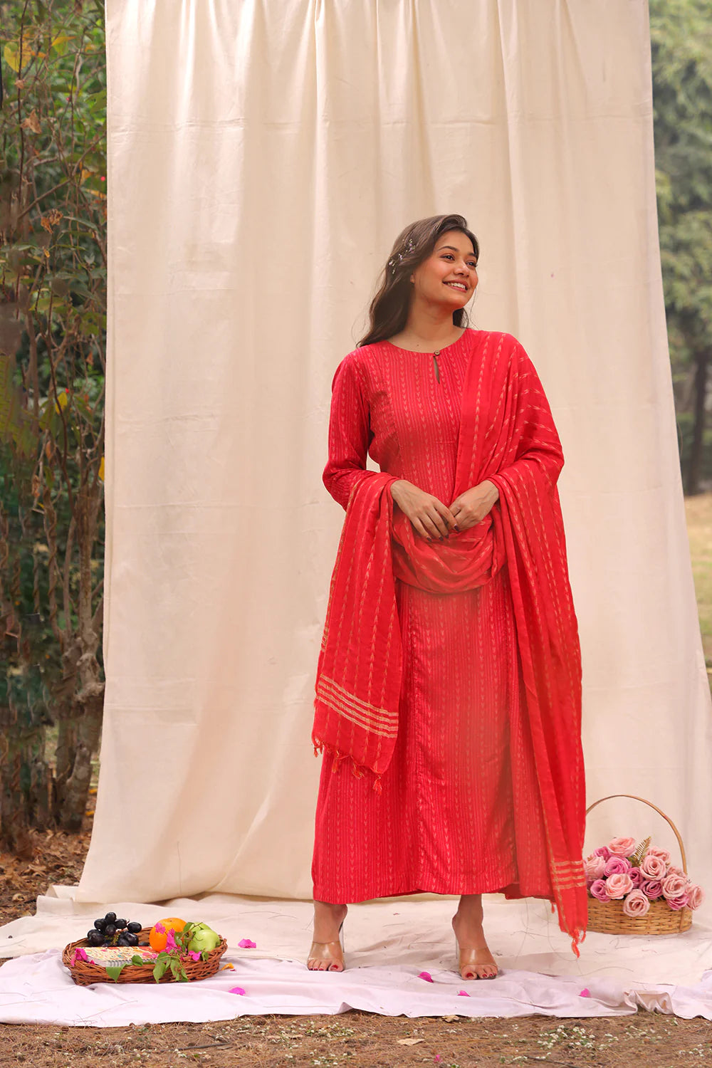 Premium Candy Red Cotton Silk Woven Kurta Set with Dupatta for Wedding Wear
