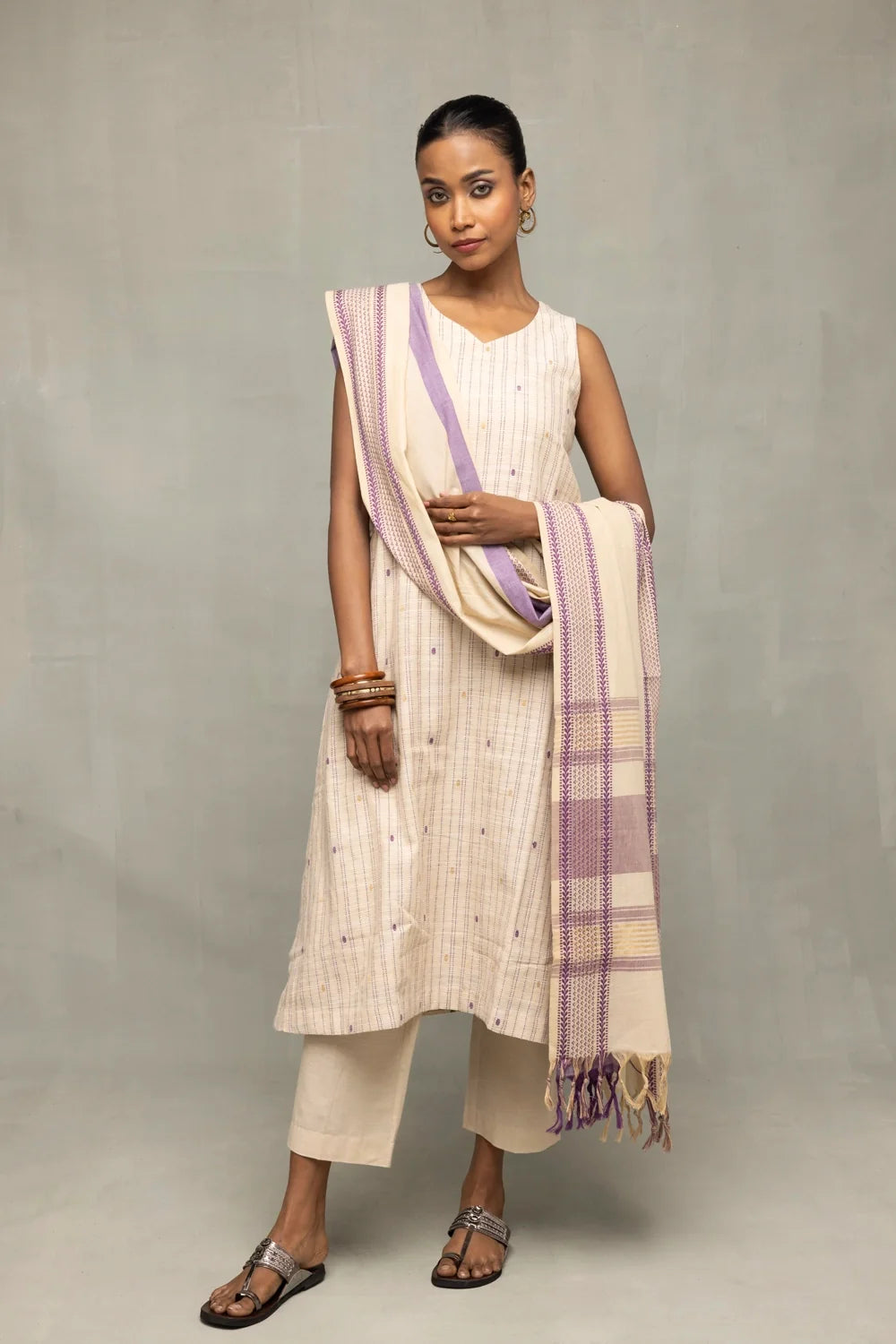Premium Cream and Mauve South Cotton Zari Kurta Set with Dupatta for Wedding Wear