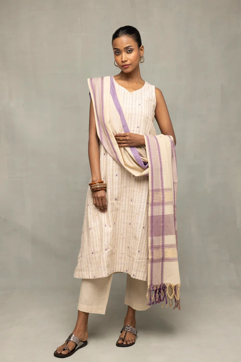 Premium Cream and Mauve South Cotton Zari Kurta Set with Dupatta for Wedding Wear