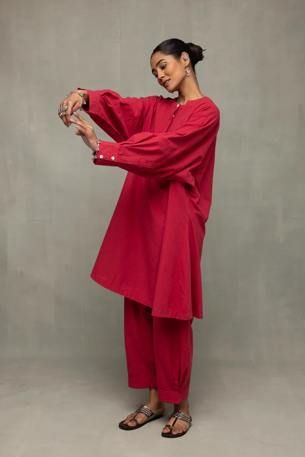 Premium Crimson Red Kala Cotton Oversized Co-ord Set for Weekend Wear
