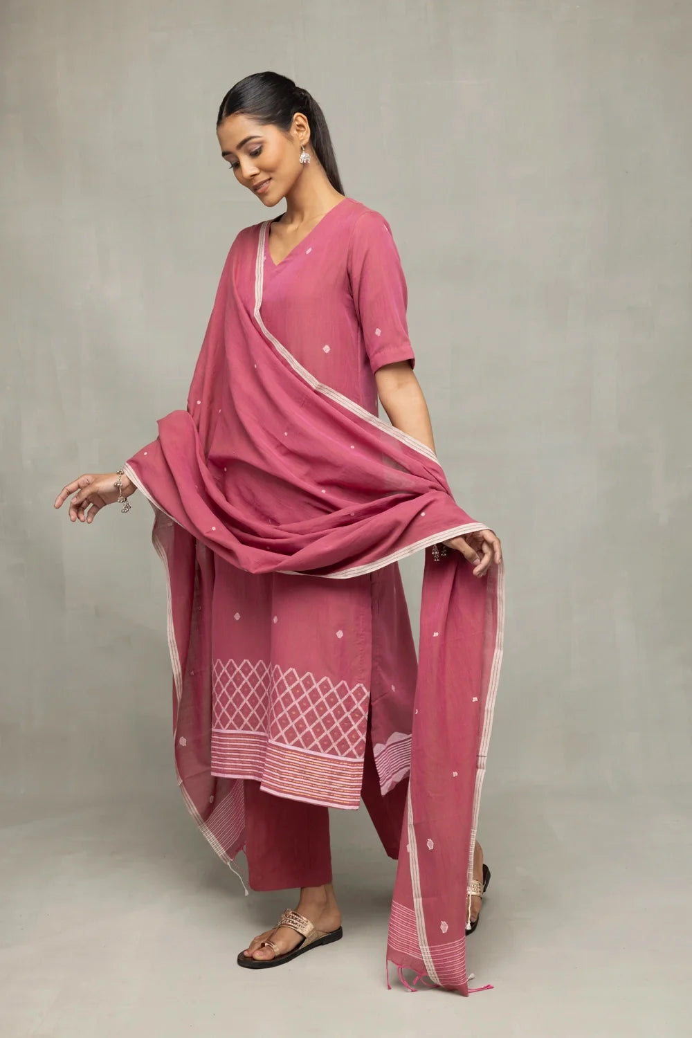 Premium Dusty Rose Cross Motifs Jamdani Kurta Set with Dupatta for Wedding Wear
