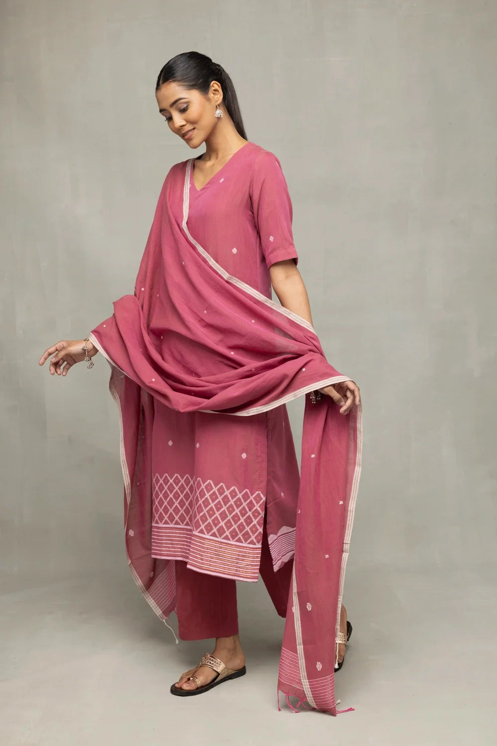 Dusty Rose Cross Motifs Jamdani Kurta Set With Dupatta-Sutra Art of Clothing
