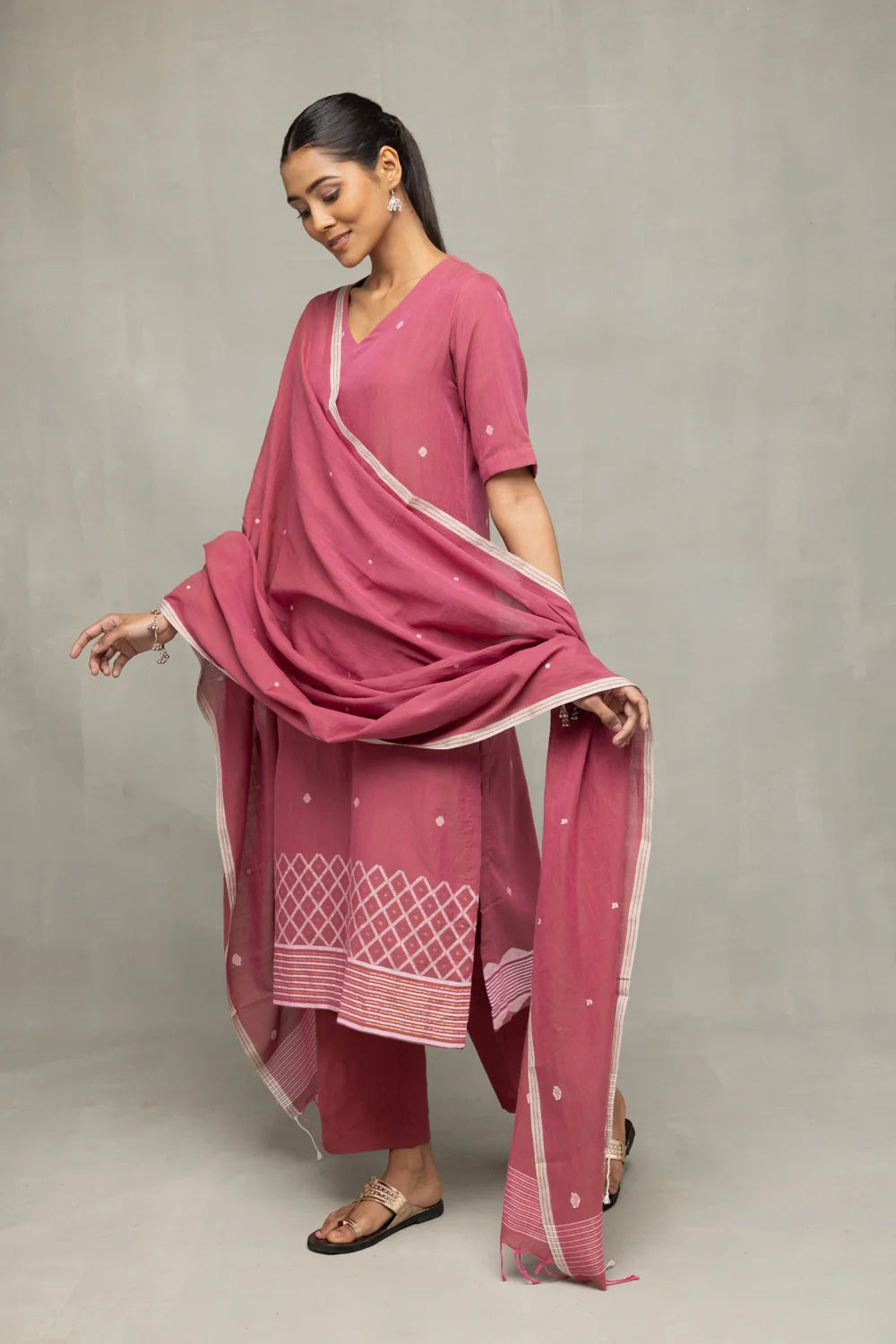 Premium Dusty Rose Cross Motifs Jamdani Kurta Set with Dupatta for Wedding Wear