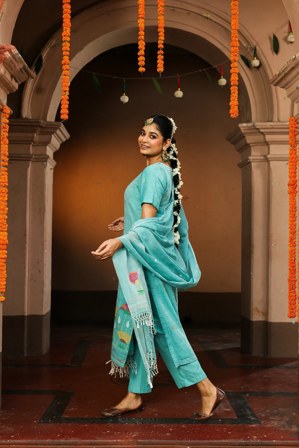 Premium Green Handloom Jamdani Kurta Set with Dupatta for Wedding Wear