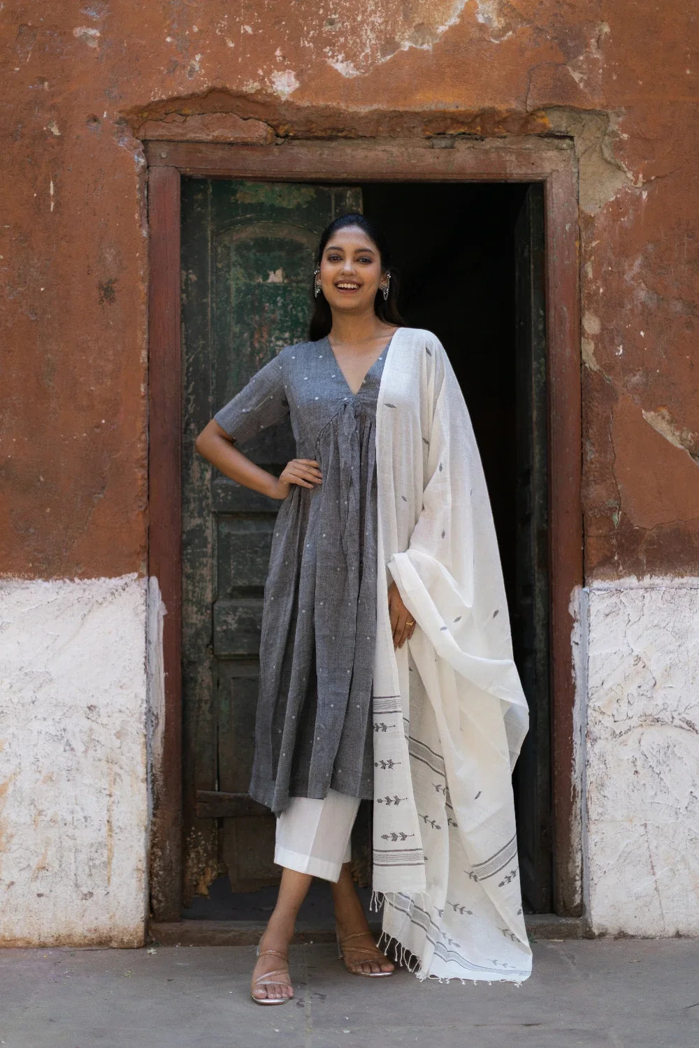 Premium Grey Handloom Soft Cotton Jamdani Kurta Set for Office Wear