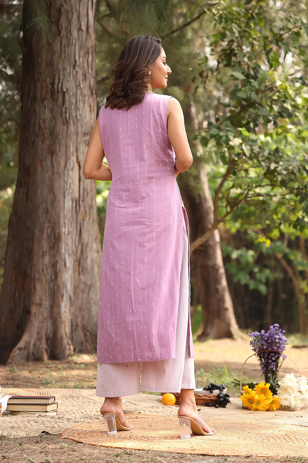 Premium Lavender Pure Cotton White Polka Dots Kurta Set for Office Wear
