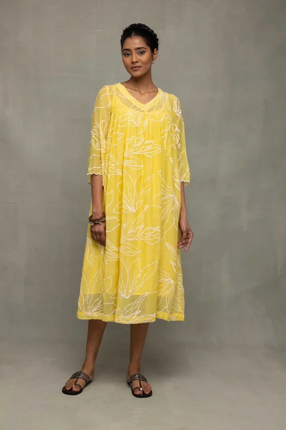 Premium Lemon Light Mul Chanderi Embroidered Dress for Wedding Wear