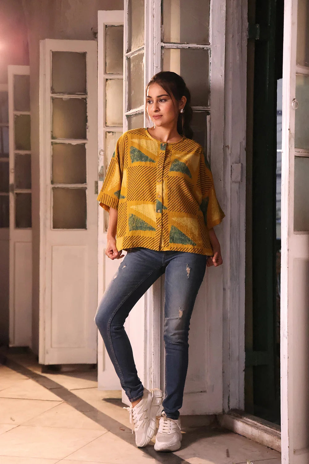 Premium Mustard Yellow Cotton Ajrakh Shirt for Office Wear