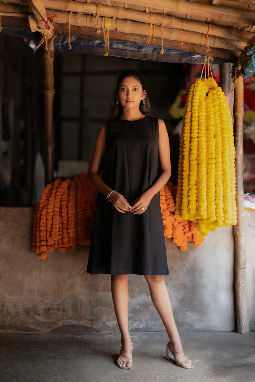 Premium Noir Black South Cotton Dress with Shrug for Office Wear