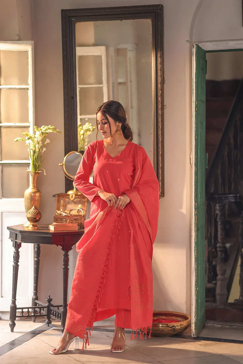 Premium Orange Pure South Cotton Zari Kurta Set with Dupatta for Wedding Wear