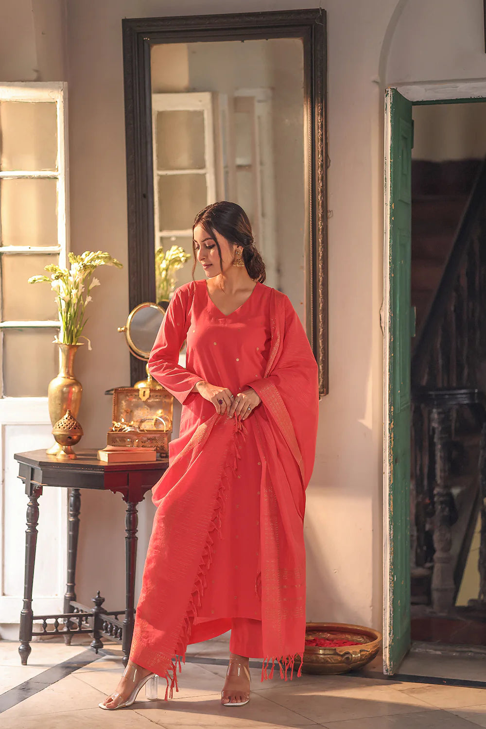 Premium Orange Pure South Cotton Zari Kurta Set with Dupatta for Wedding Wear