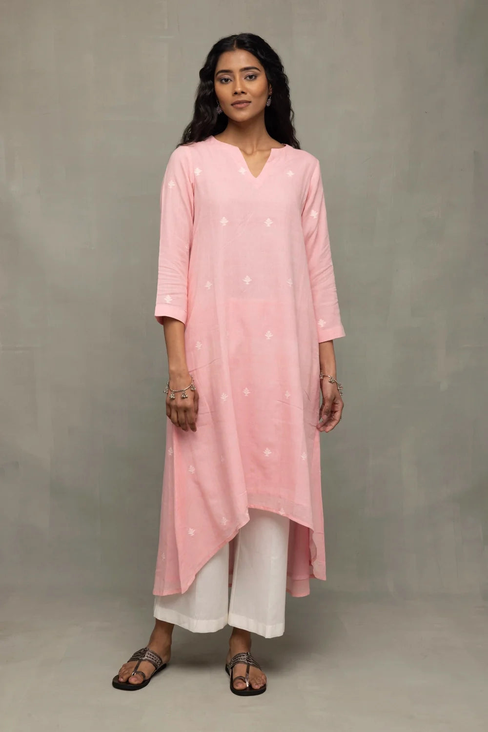 Premium Petal Pink Handwoven Jamdani Kurta Set with Dupatta for Wedding Wear