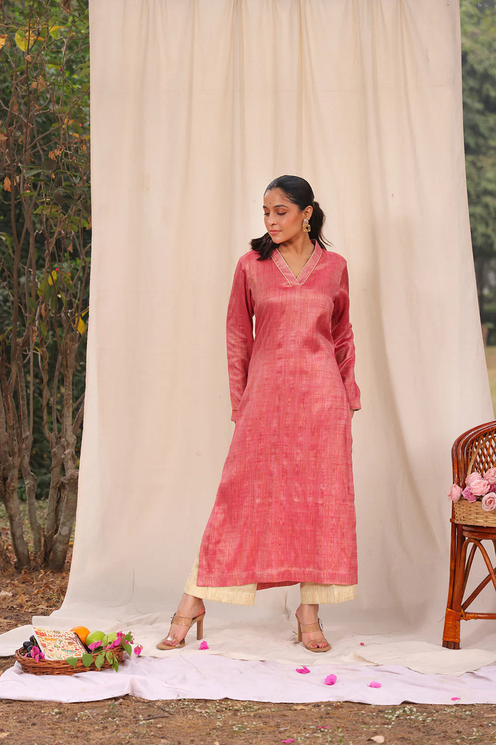 Premium Pink and Cream Khadi Cotton Co-ord Set for Wedding and Festive Wear