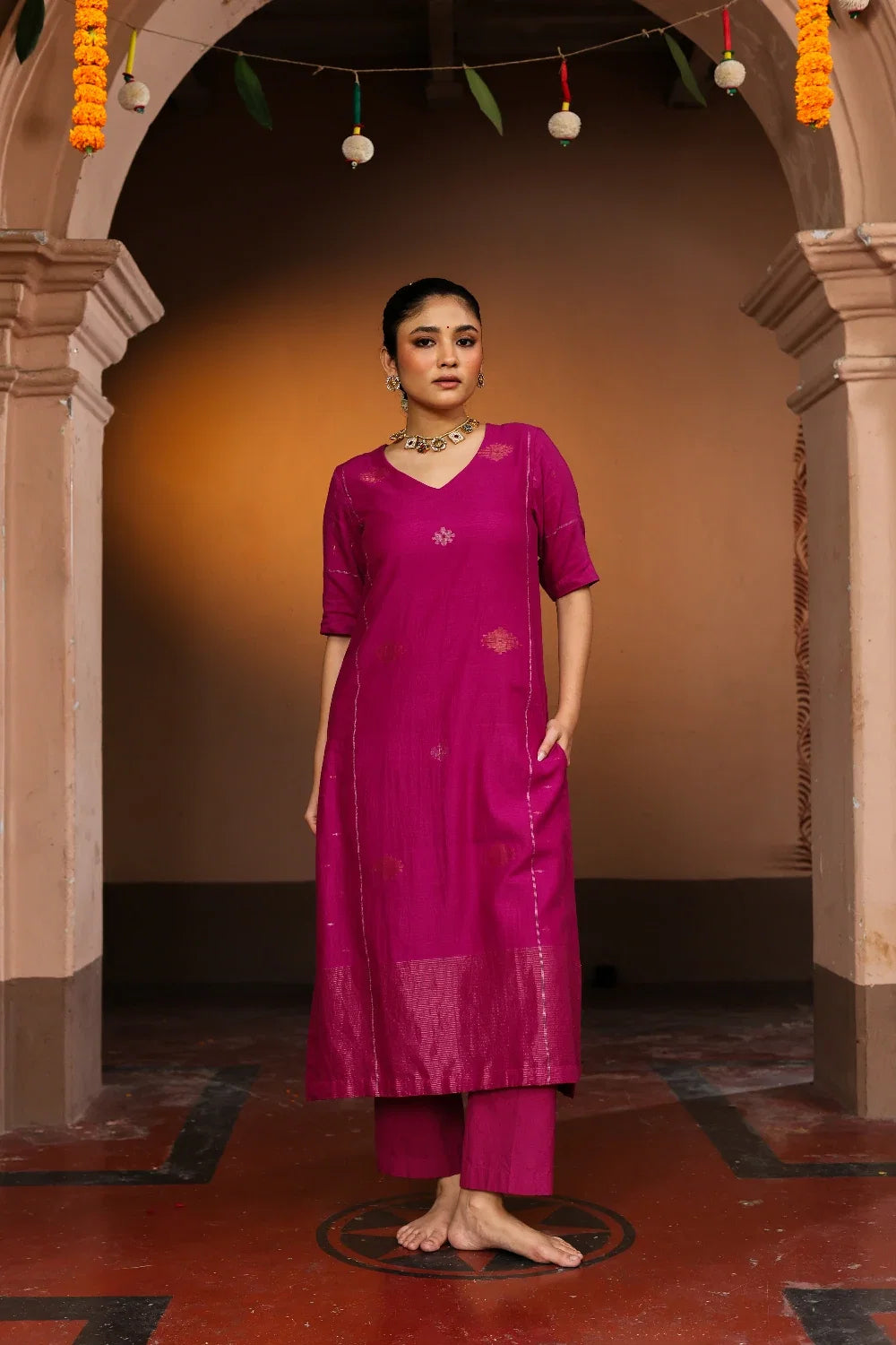 Premium Rani Pink Zari Jamdani Kurta Set with Dupatta for Wedding Wear