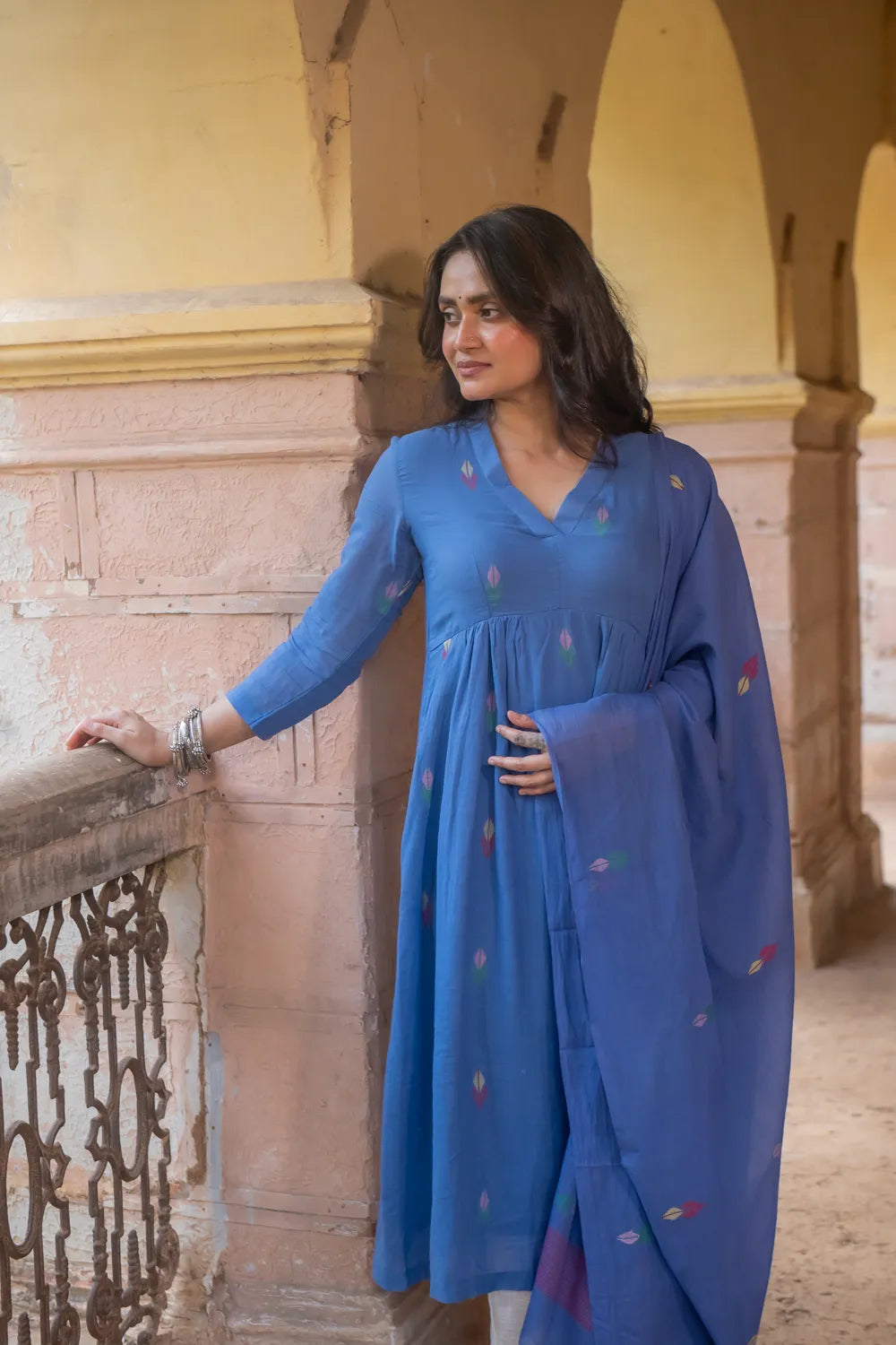 Premium Sky Blue Handloom Jamdani Kurta Set for Office Wear