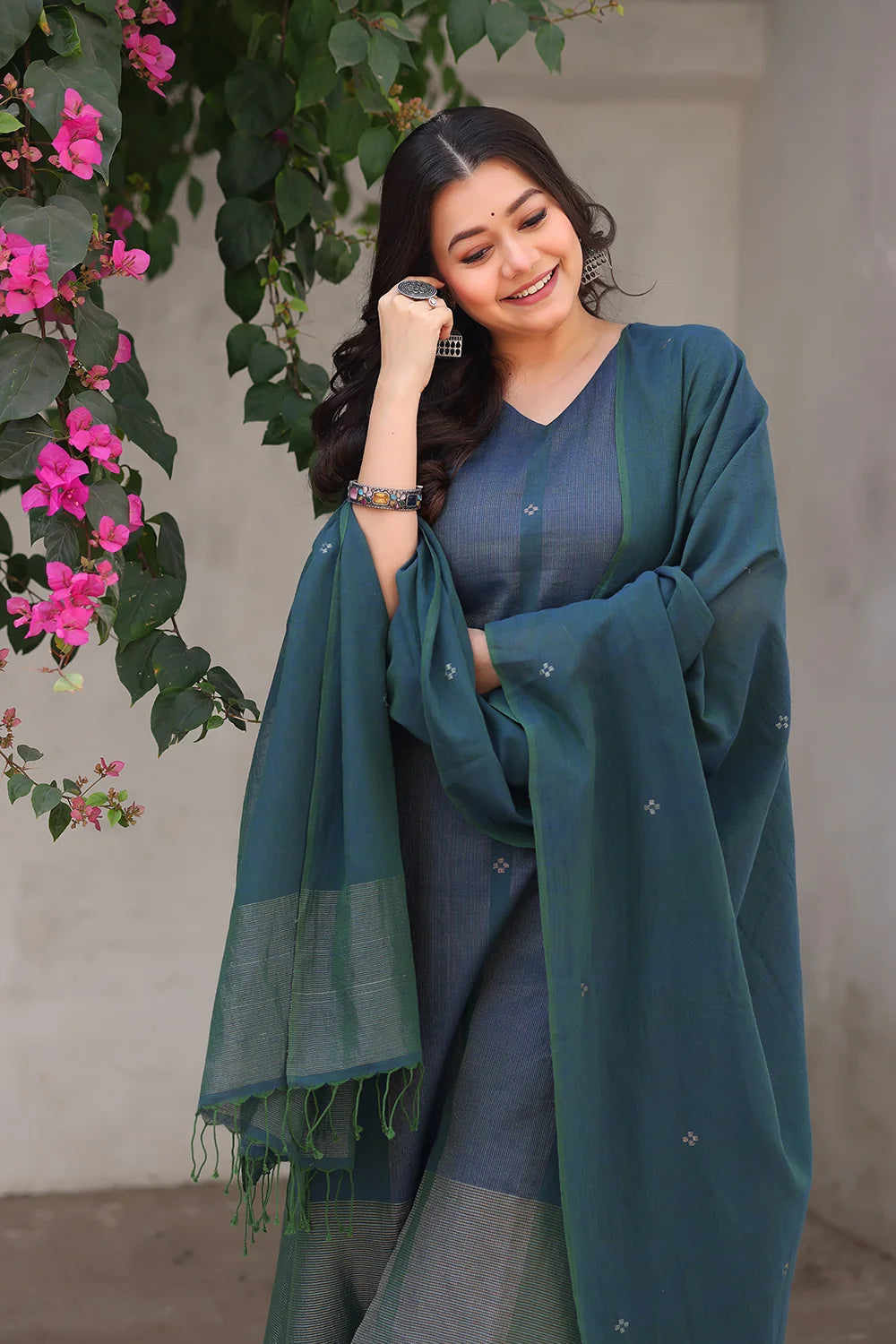 Premium Teal Jamdani Kurta Set with Silver Zari Border for Wedding Wear