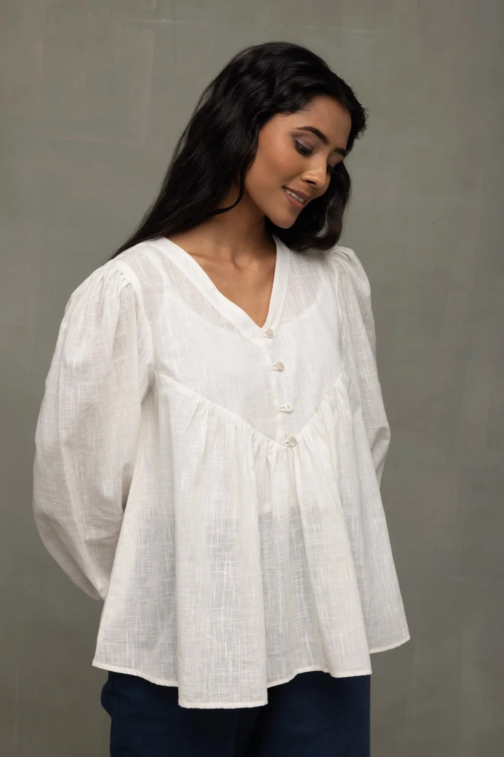 Premium White Cotton Cloud Gathered Top for Office Wear