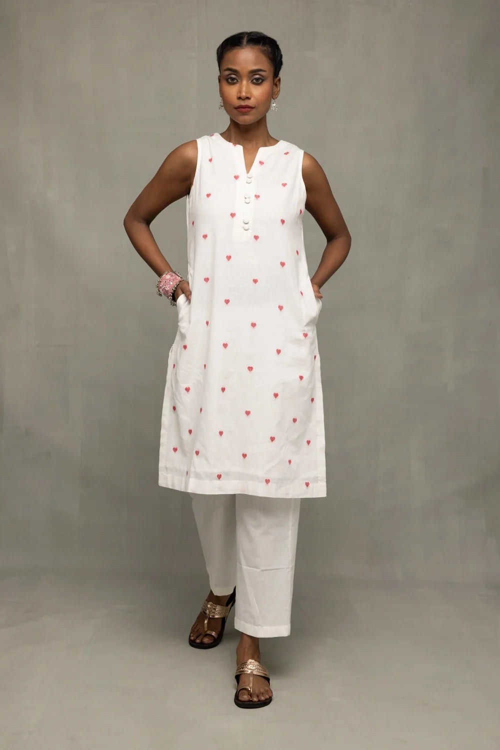 Premium White Red Hearts South Cotton Kurta Set with Dupatta for Office Wear