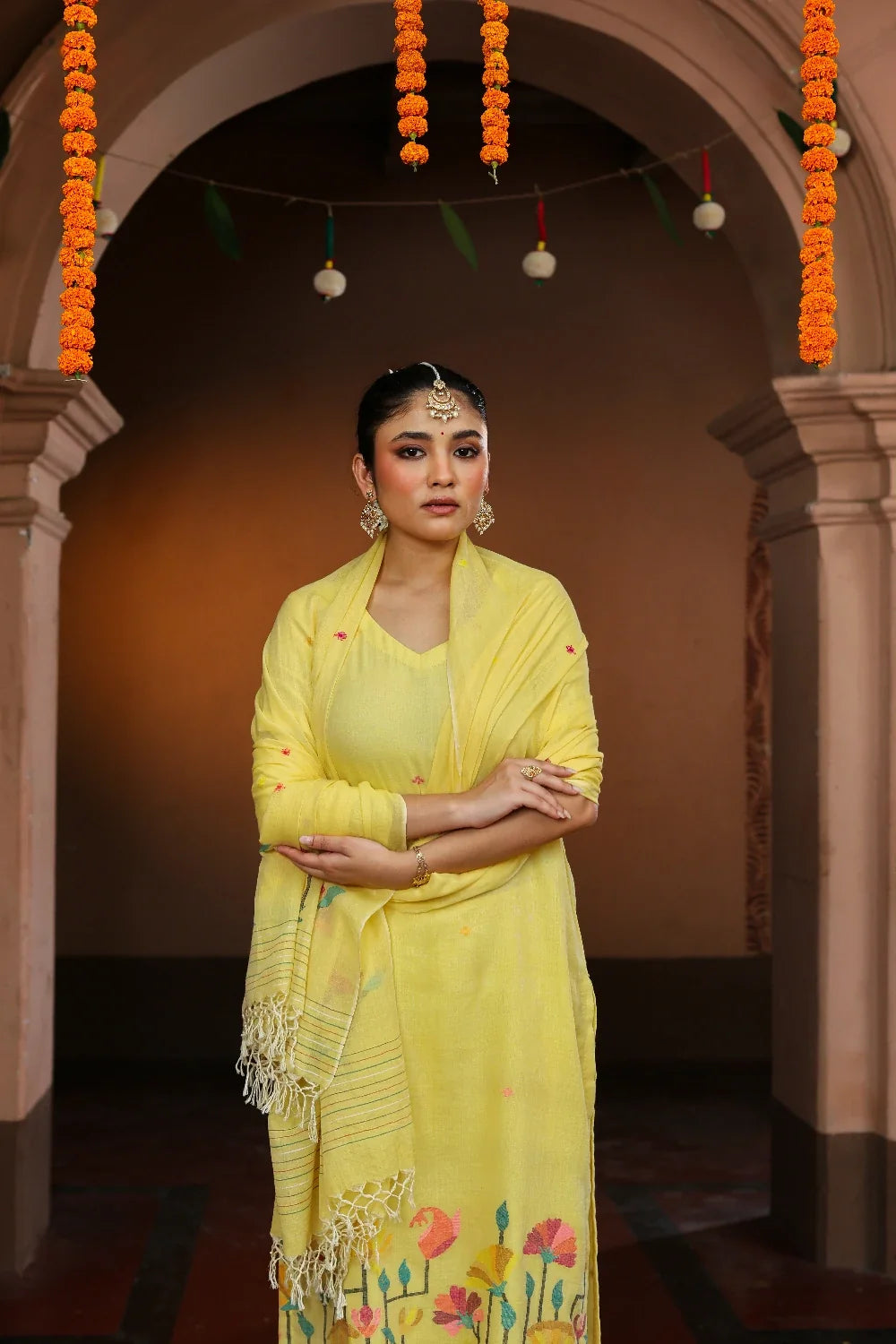 Premium Yellow Handloom Jamdani Kurta Set with Dupatta for Wedding Wear